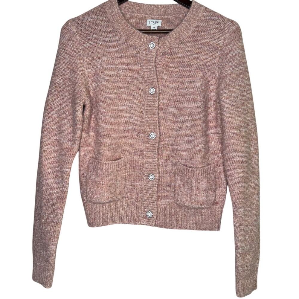 J.Crew Shimmer Lady Cardigan Sweater Crystal Buttons XS Rose Blush Metallic